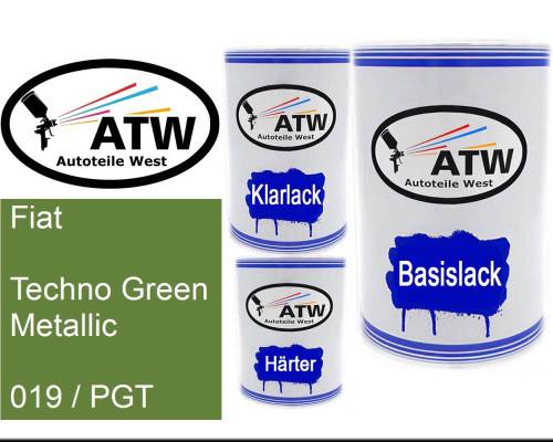 Fiat, Techno Green Metallic, 019 / PGT: 500ml Lackdose + 500ml Klarlack + 250ml Härter - Set, von ATW Autoteile West.